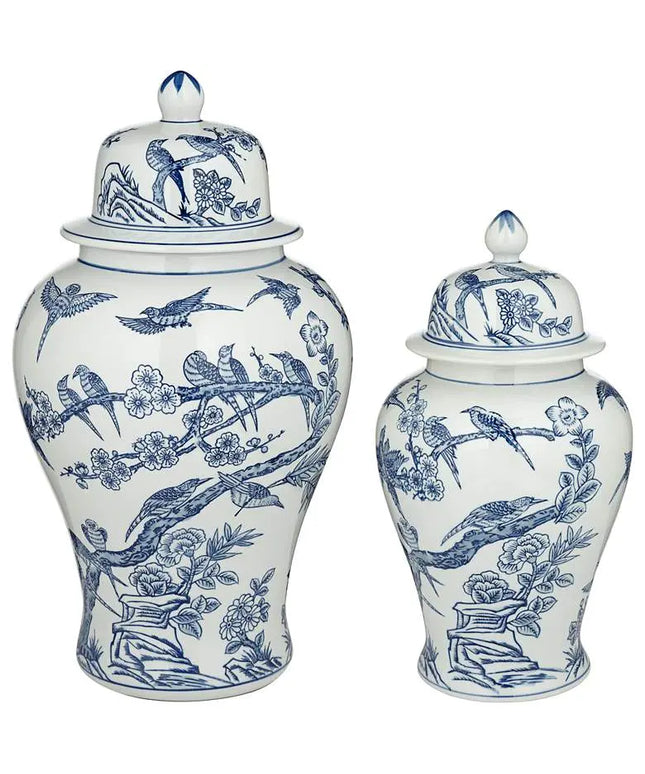 Heather Blue and White Ceramic Ginger Jars Set of 2 Dahlia Studios