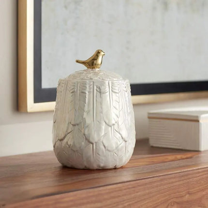 Kensington Hill Spar 7 1/2" Pearl White Decorative Jar with Gold Bird Kensington Hill