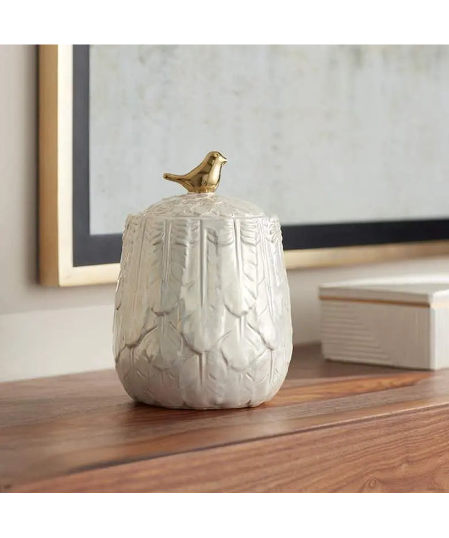 Kensington Hill Spar 7 1/2" Pearl White Decorative Jar with Gold Bird Kensington Hill