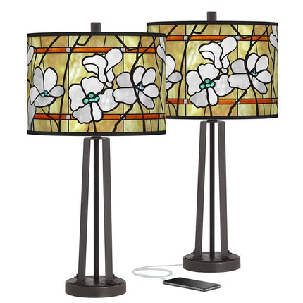 Magnolia Mosaic Susan Dark Bronze USB Table Lamps Set of 2 Giclee Glow