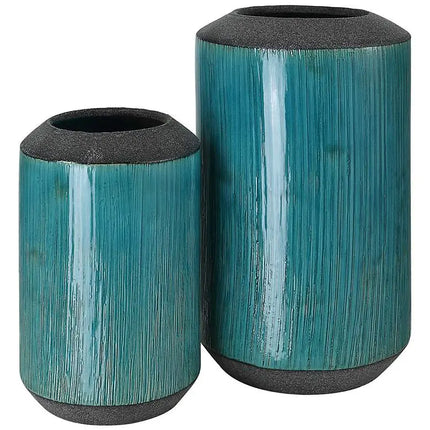Maui 11" High Aqua Blue Glaze and Bronze Vases Set of 2 Uttermost