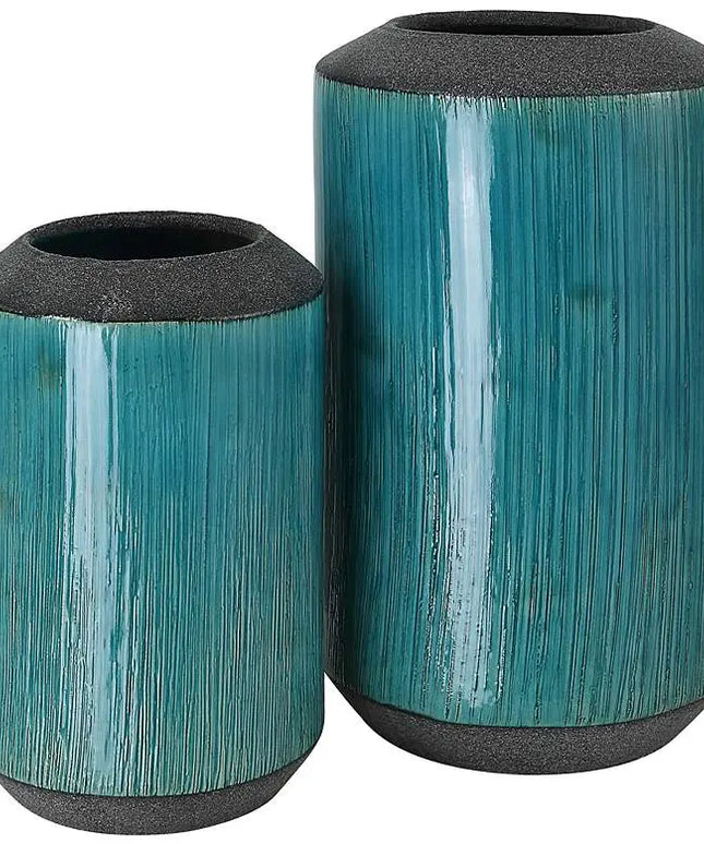 Maui 11" High Aqua Blue Glaze and Bronze Vases Set of 2 Uttermost