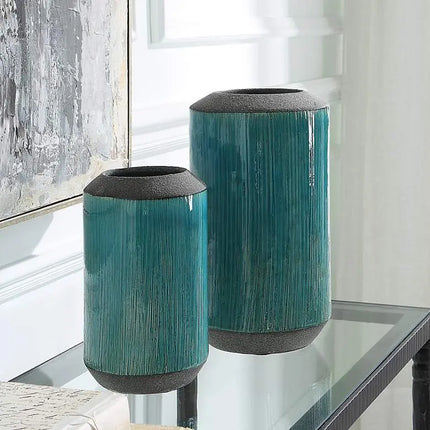 Maui 11" High Aqua Blue Glaze and Bronze Vases Set of 2 Uttermost