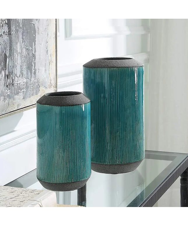 Maui 11" High Aqua Blue Glaze and Bronze Vases Set of 2 Uttermost