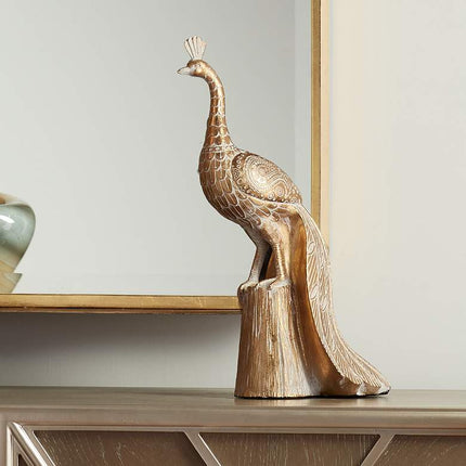Paisley Wing Peacock 13 1/2" High Shiny Gold Statue