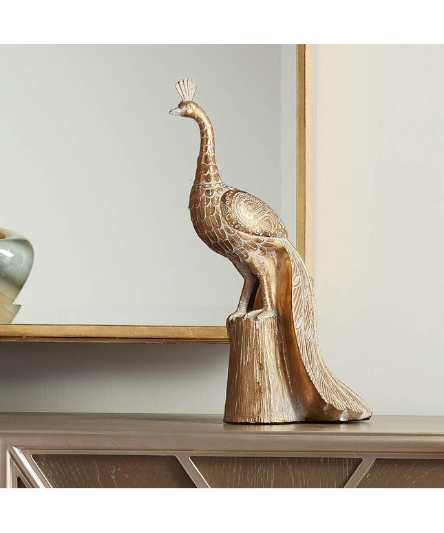 Paisley Wing Peacock 13 1/2" High Shiny Gold Statue