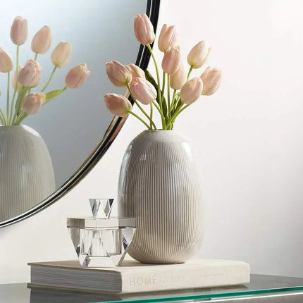 Pilar 8 3/4" High Shiny Beige Ridged Ceramic Vase Studio 55D