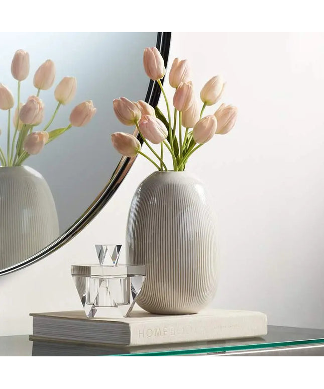 Pilar 8 3/4" High Shiny Beige Ridged Ceramic Vase Studio 55D