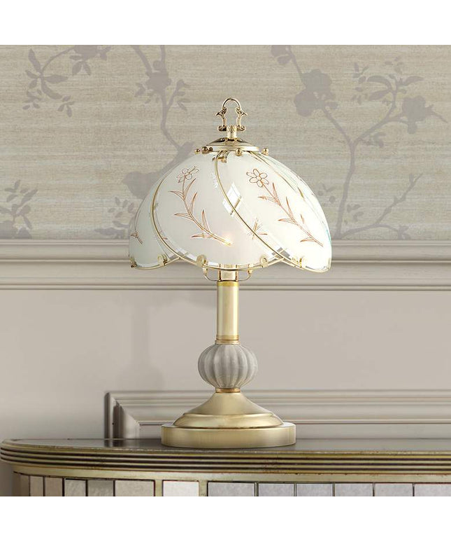Polished Brass and Flower Glass Shade 15" High On-Off Touch Table Lamp
