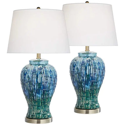 Possini Euro 27" Blue-Green Teal Temple Jar Ceramic Lamps Set of 2 Possini Euro Design