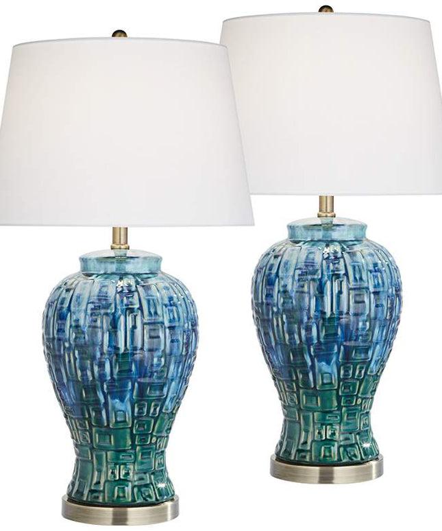 Possini Euro 27" Blue-Green Teal Temple Jar Ceramic Lamps Set of 2 Possini Euro Design