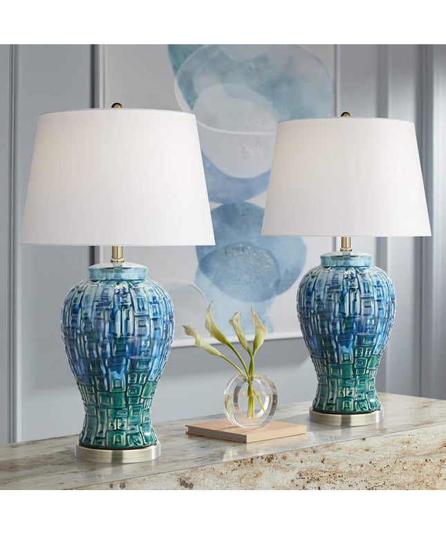 Possini Euro 27" Blue-Green Teal Temple Jar Ceramic Lamps Set of 2 Possini Euro Design