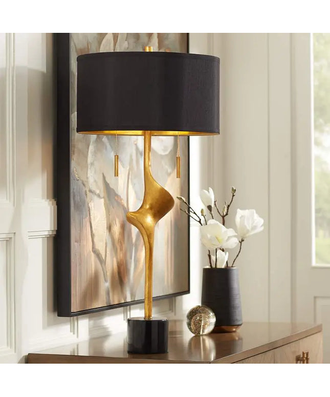 Possini Euro Athena 35 1/2" Black Shade Gold Leaf Modern Table Lamp Possini Euro Design