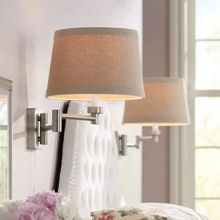 Possini Euro Brushed Nickel Linen Drum Shade Swing Arm Wall Lamp Set of 2 Possini Euro Design