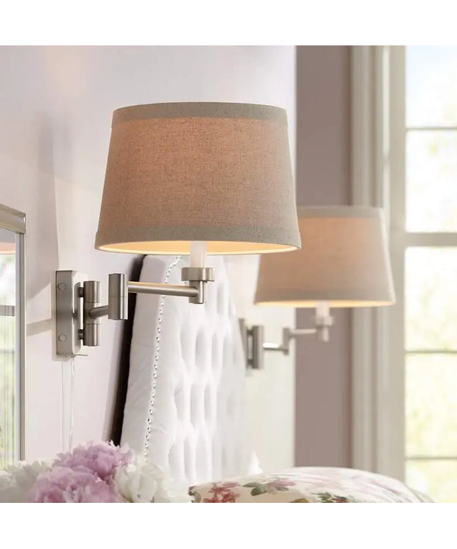 Possini Euro Brushed Nickel Linen Drum Shade Swing Arm Wall Lamp Set of 2 Possini Euro Design