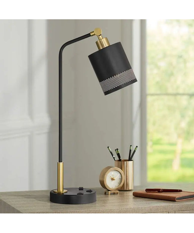 Possini Euro Keller 24" High Black and Brass Outlet and USB Desk Lamp Possini Euro Design