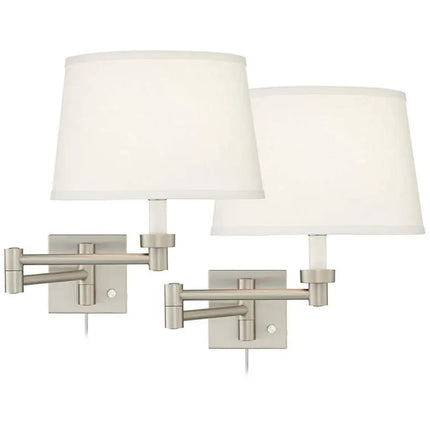Possini Euro Nickel and White Swing Arm Plug-In Wall Lamps Set of 2
