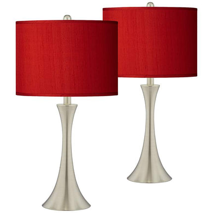 Possini Euro Red Faux Silk Brushed Nickel Touch Table Lamps Set of 2