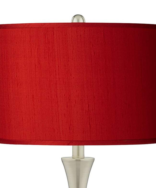 Possini Euro Red Faux Silk Brushed Nickel Touch Table Lamps Set of 2