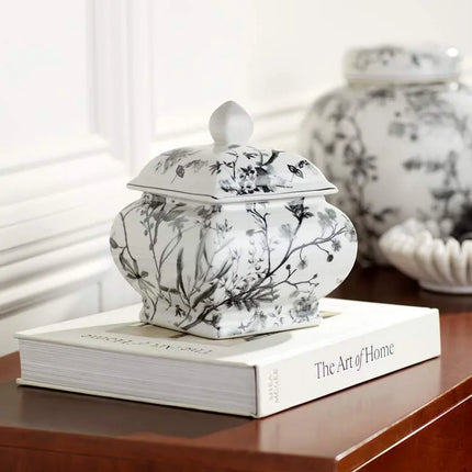 Prentiss 7 1/4" High Black and White Ceramic Ginger Jar with Lid Dahlia Studios