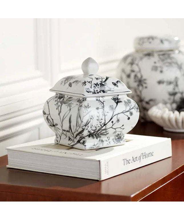 Prentiss 7 1/4" High Black and White Ceramic Ginger Jar with Lid Dahlia Studios