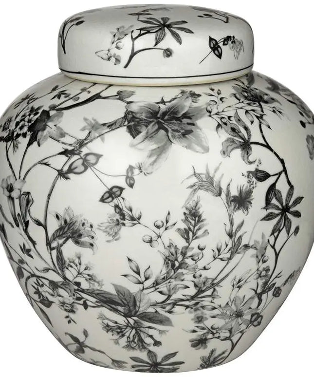 Prentiss 9" High Black and White Ceramic Ginger Jar with Lid Dahlia Studios