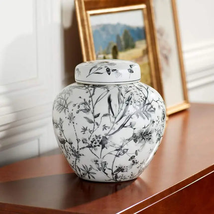 Prentiss 9" High Black and White Ceramic Ginger Jar with Lid Dahlia Studios