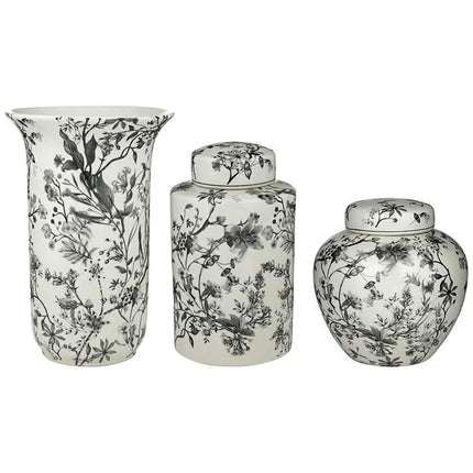 Prentiss Black and White 3-Piece Ceramic Vase and Jar Set Dahlia Studios