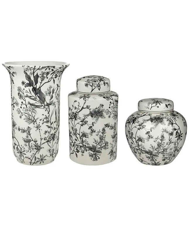Prentiss Black and White 3-Piece Ceramic Vase and Jar Set Dahlia Studios