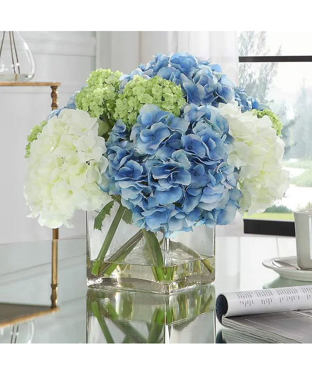 Province White Blue Hydrangea 17" Wide Faux Flowers in Vase Uttermost
