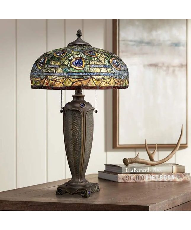 Quoizel Lynch 26" Tiffany-Style Peacock Glass Table Lamp Quoizel