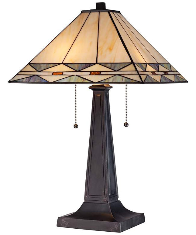 Robert Louis Tiffany Mission Square Art Glass and Bronze Lamp with Dimmer