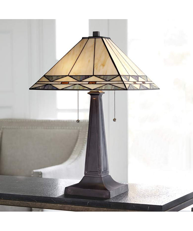 Robert Louis Tiffany Mission Square Art Glass and Bronze Lamp with Dimmer