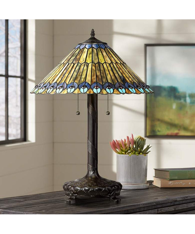 Robert Louis Tiffany Peacock 26" Art Glass Tiffany Style Table Lamp