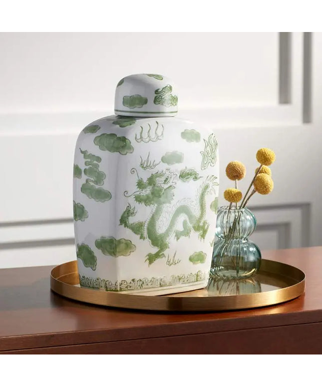 Sansui 10 1/2"H Green and White Ceramic Ginger Jar with Lid Dahlia Studios