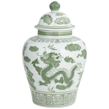 Sansui 12"H Green and White Ceramic Ginger Jar with Lid Dahlia Studios