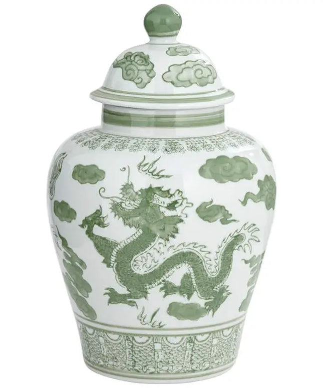 Sansui 12"H Green and White Ceramic Ginger Jar with Lid Dahlia Studios