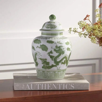 Sansui 12"H Green and White Ceramic Ginger Jar with Lid Dahlia Studios