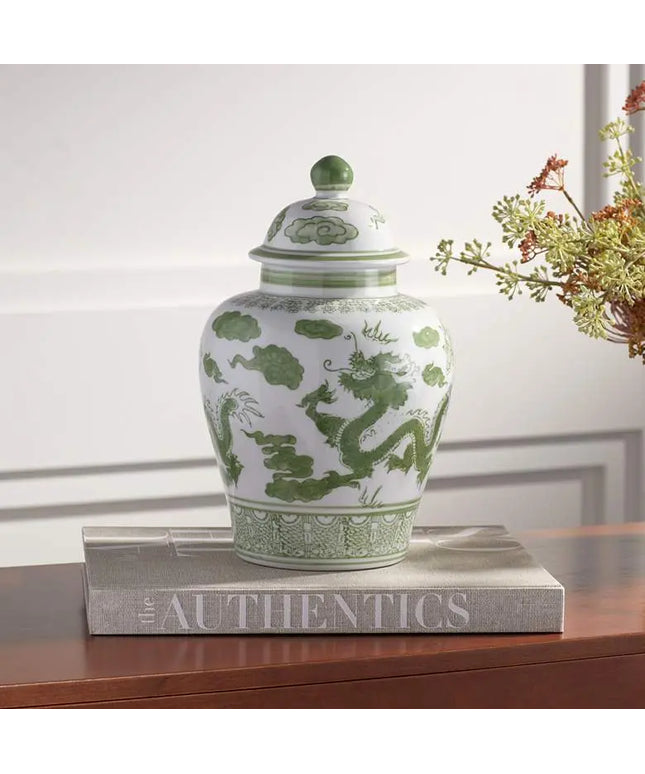 Sansui 12"H Green and White Ceramic Ginger Jar with Lid Dahlia Studios