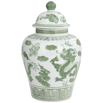 Sansui 12"H Green and White Ceramic Ginger Jar with Lid Dahlia Studios