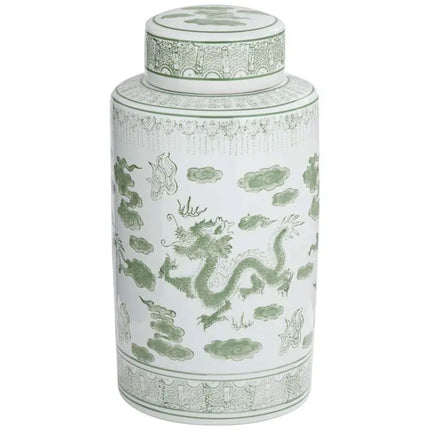 Sansui 15 3/4"H Green and White Ceramic Ginger Jar with Lid Dahlia Studios
