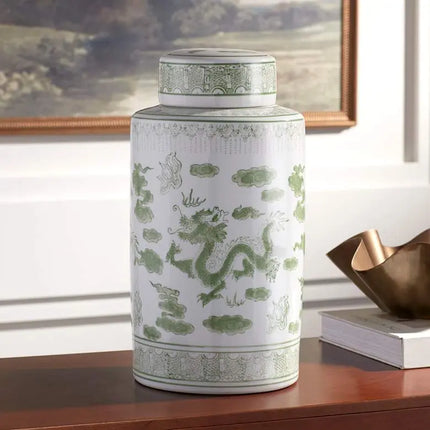 Sansui 15 3/4"H Green and White Ceramic Ginger Jar with Lid Dahlia Studios