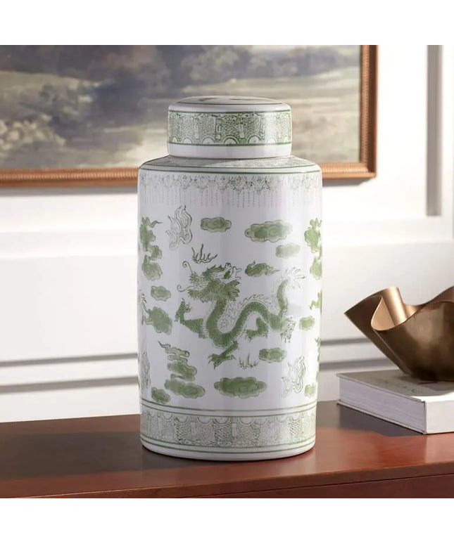 Sansui 15 3/4"H Green and White Ceramic Ginger Jar with Lid Dahlia Studios