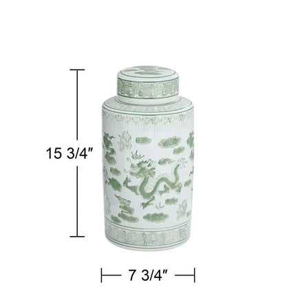 Sansui 15 3/4"H Green and White Ceramic Ginger Jar with Lid Dahlia Studios