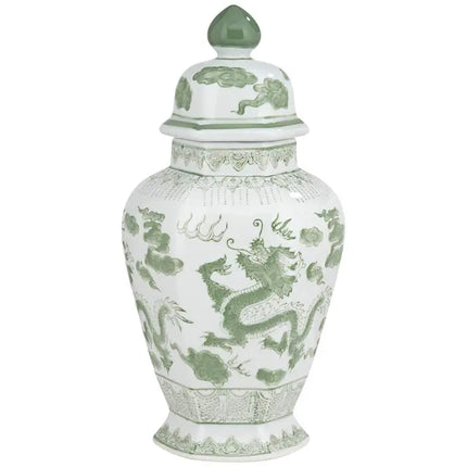Sansui 15" High Green and White Ceramic Ginger Jar with Lid Dahlia Studios