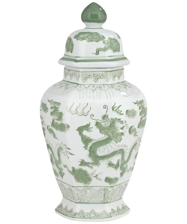 Sansui 15" High Green and White Ceramic Ginger Jar with Lid Dahlia Studios