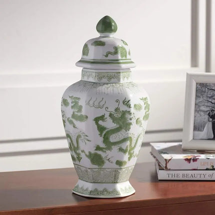 Sansui 15" High Green and White Ceramic Ginger Jar with Lid Dahlia Studios