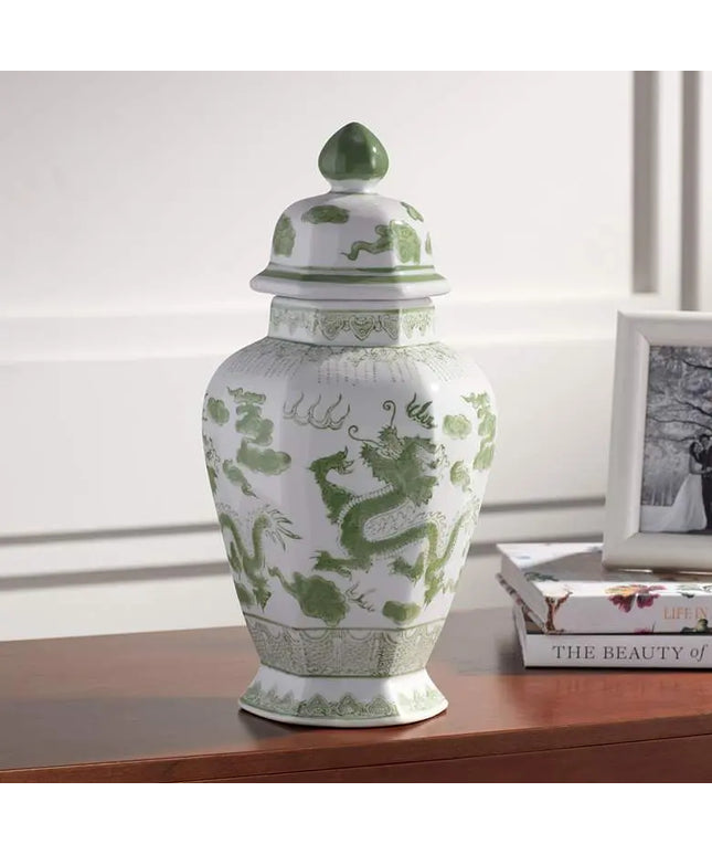 Sansui 15" High Green and White Ceramic Ginger Jar with Lid Dahlia Studios