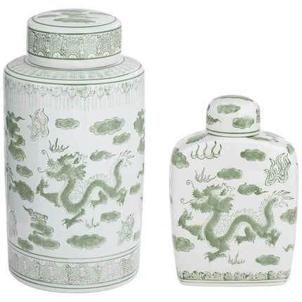 Sansui Green and White 2-Piece Ceramic Ginger Jar Set Dahlia Studios