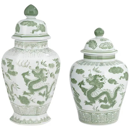 Sansui Green and White Ceramic Ginger Jars Set of 2 Dahlia Studios